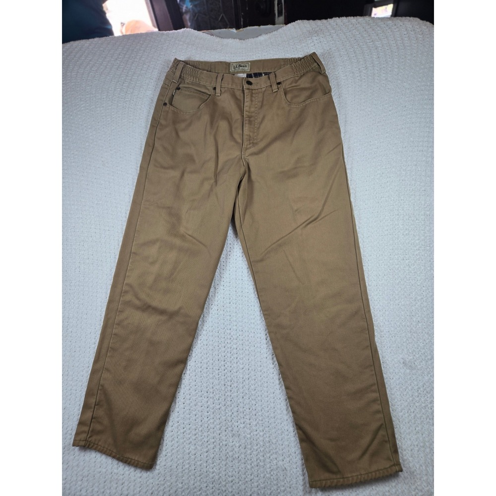 LL Bean Comfort Waist Flannel Lined Chinos Khaki Tan Mens 34x30 Straight‎ Leg